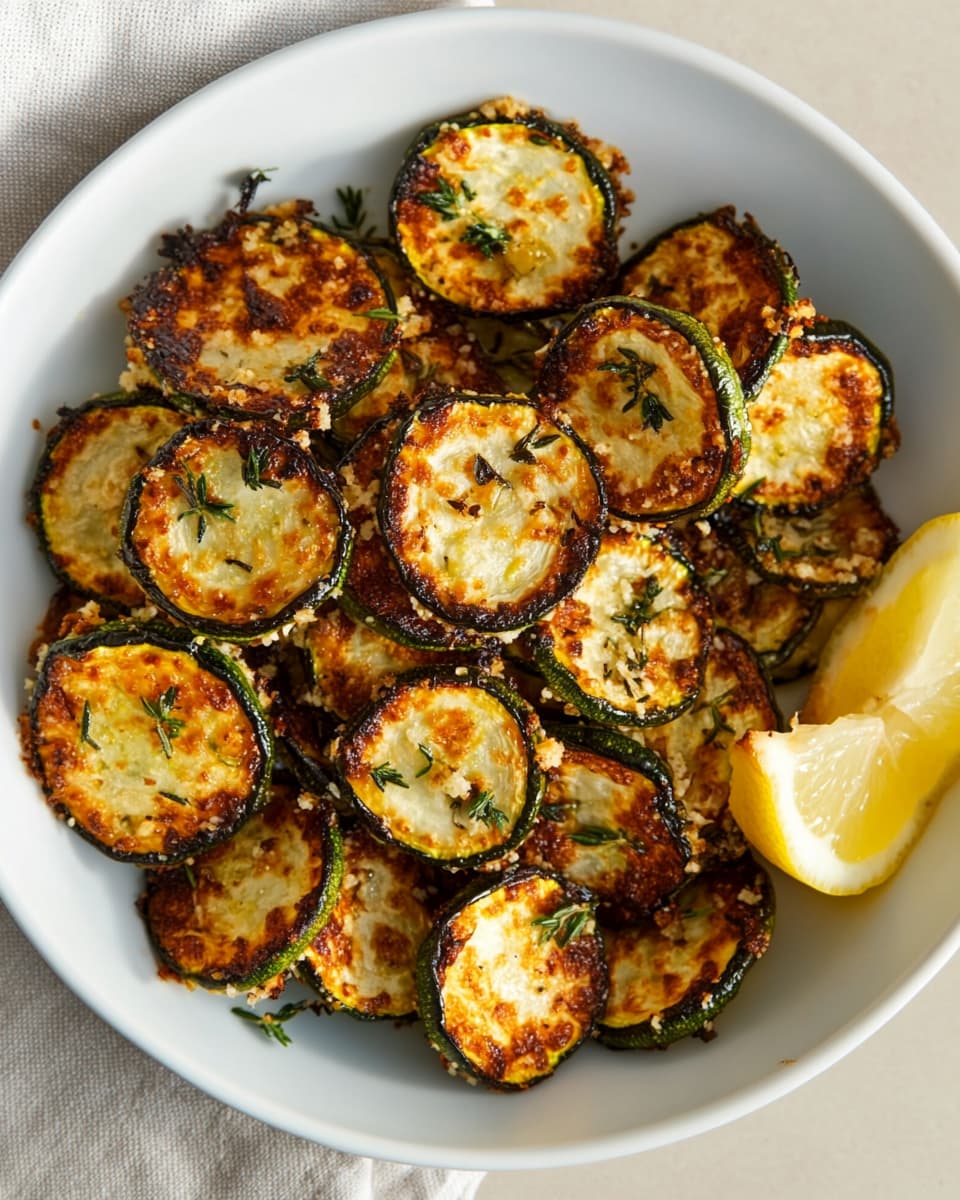 Assiette de courgette au Air Fryer en rondelles dorées. Garnies de thym et parmesan, accompagnées de quartiers de citron.