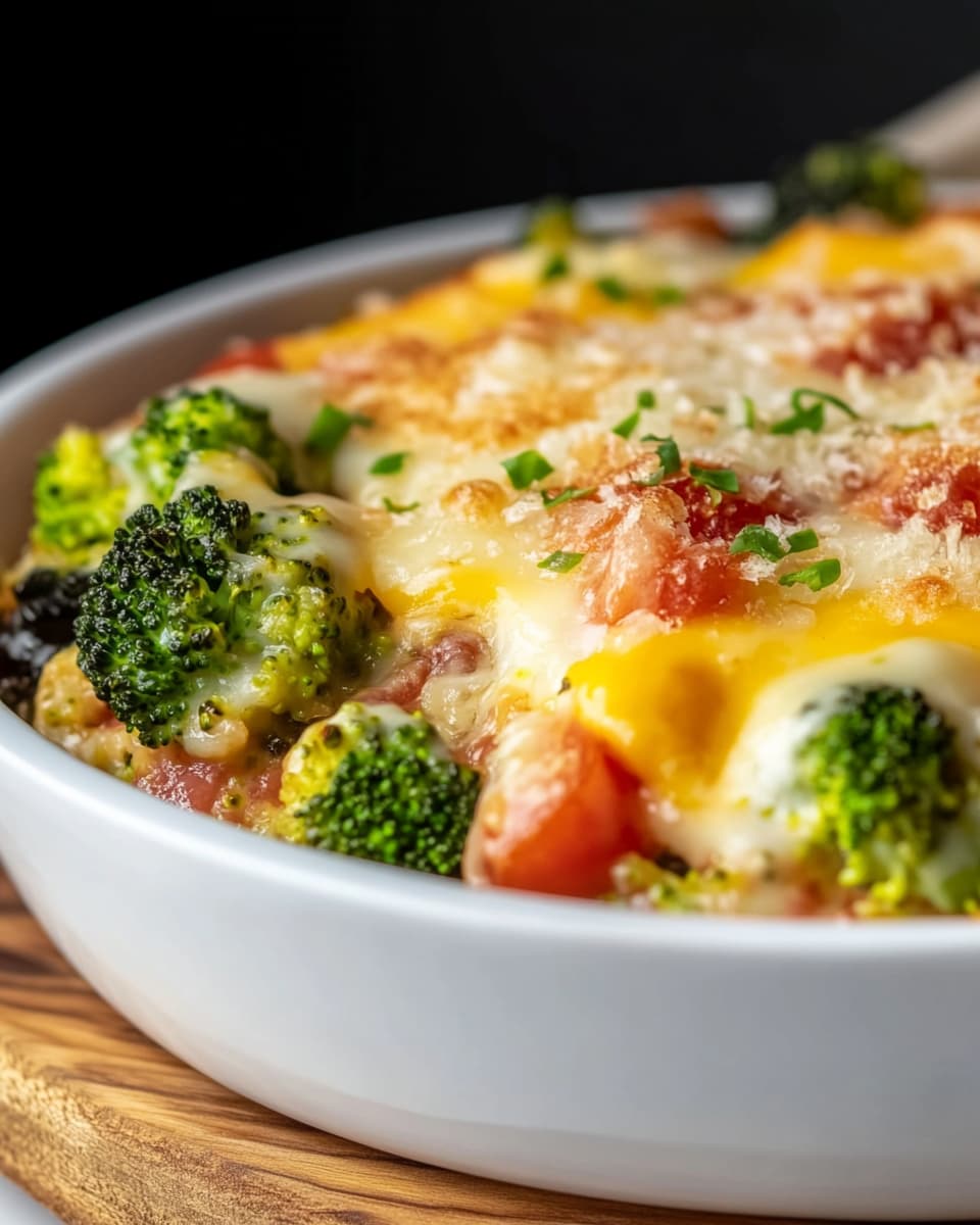 Assiette de gratin de légumes au Air Fryer. Brocolis, poivron, tomates et fromage fondu doré, parsemé de ciboulette, sur planche en bois.