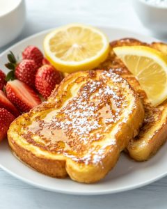 Assiette de brioche perdue au Air Fryer, dorée et moelleuse. Saupoudrée de sucre glace, servie avec fraises fraîches et rondelles de citron.