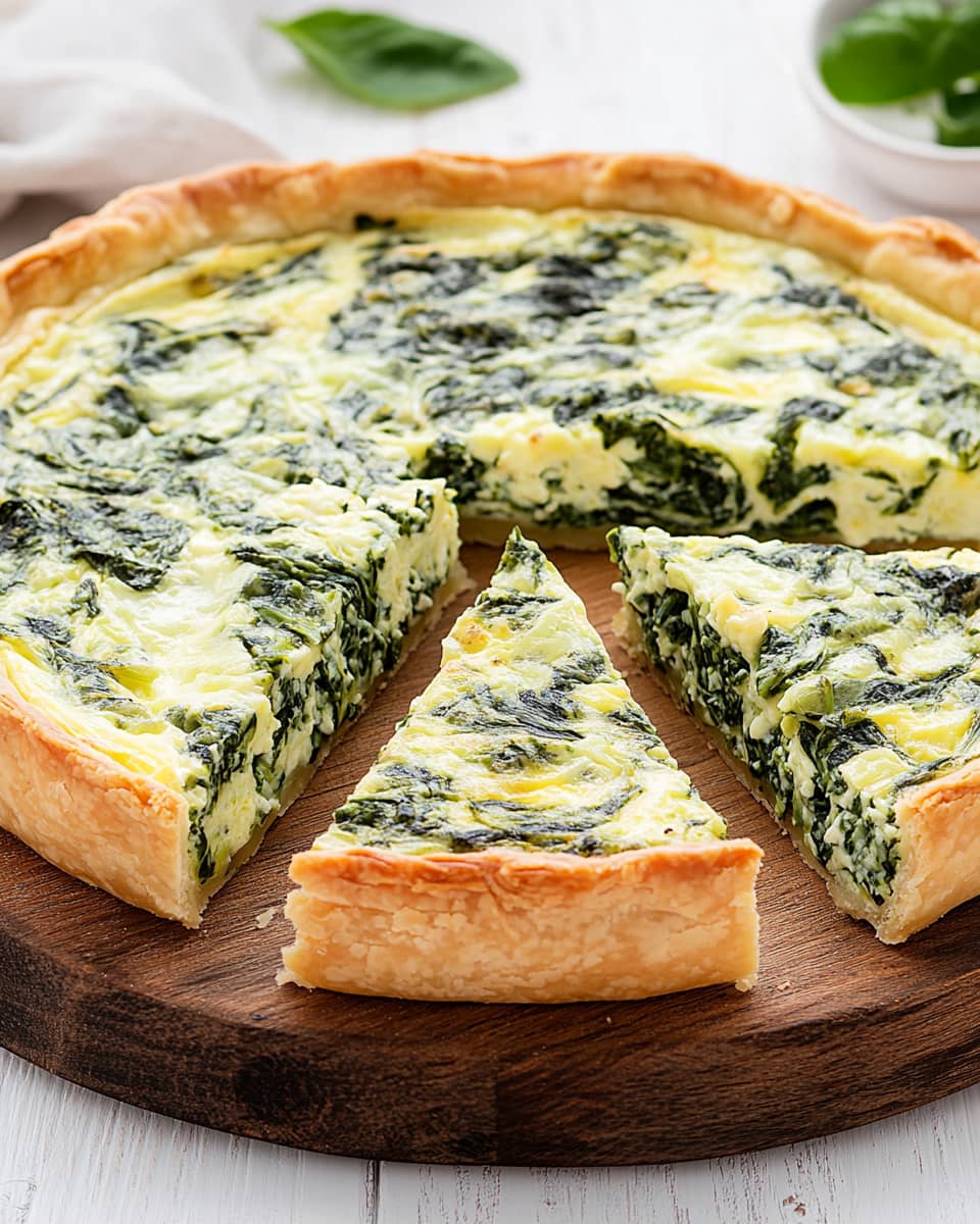 Planche en bois avec quiche aux épinards au Air Fryer, pâte dorée et garniture crémeuse marbrée de vert.