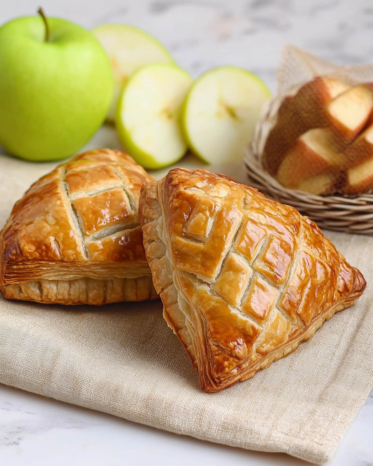 Deux chaussons aux pommes sans sucre au Air Fryer, dorés et feuilletés. Pommes fraîches en arrière-plan, vertes et rouges.