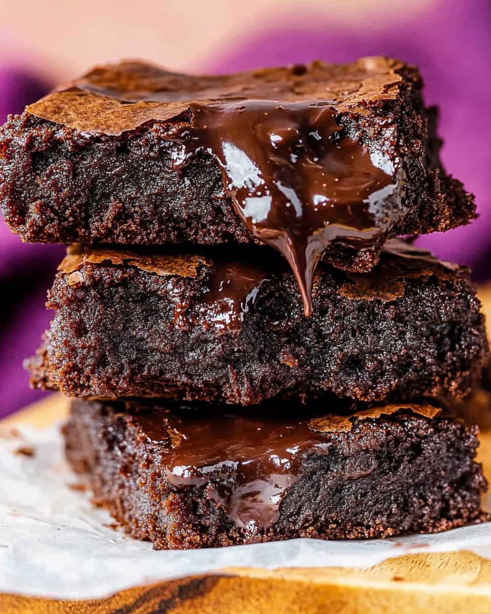 Planche en bois avec brownies au Air Fryer, texture fondante et cœur coulant au chocolat. Trois carrés empilés, nappés de chocolat brillant.