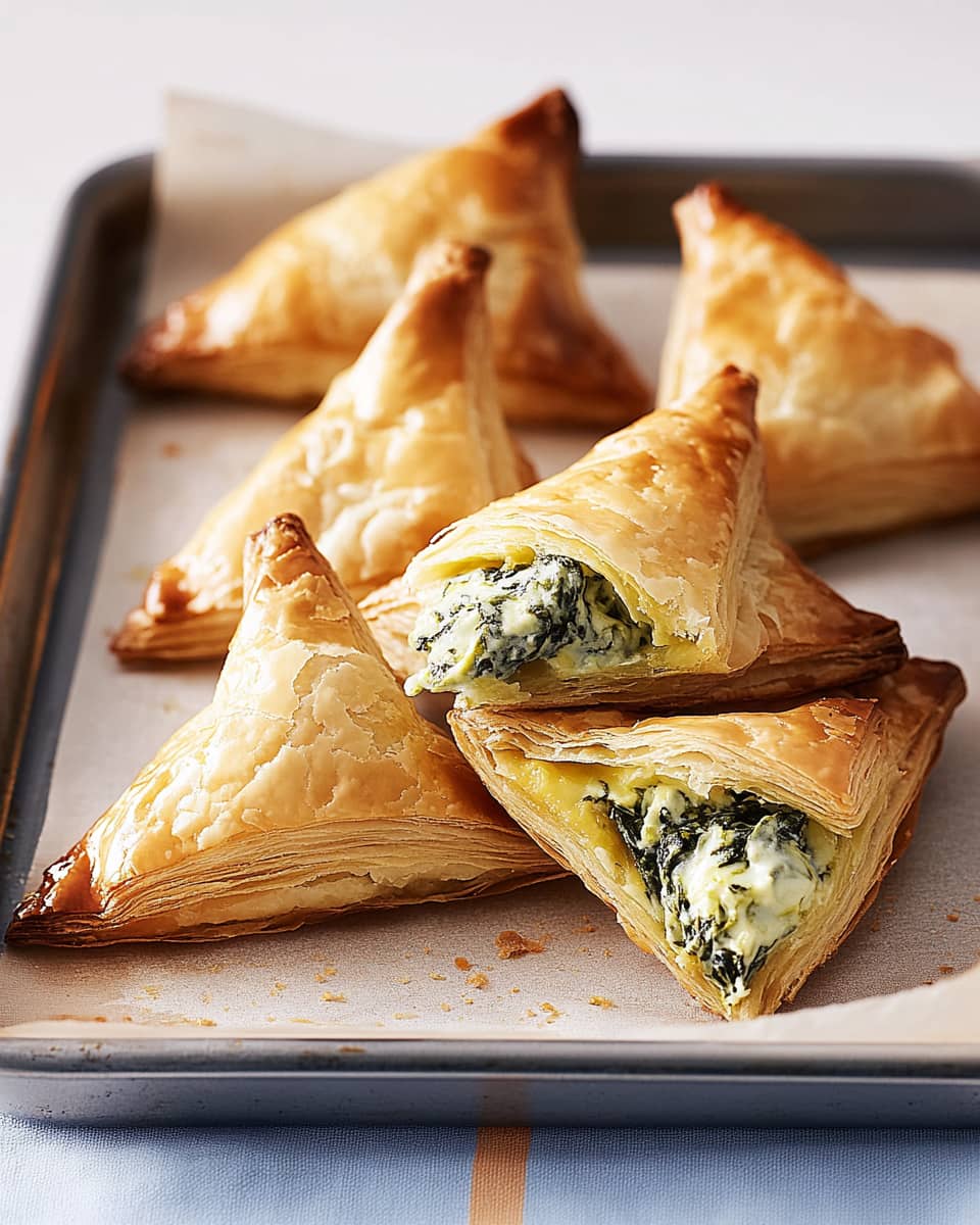 Chaussons fromage épinards au Air Fryer, pâte feuilletée dorée et croustillante. Farce crémeuse aux épinards visible sur un chausson ouvert