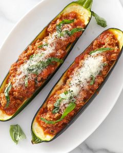 Assiette avec deux courgettes farcies au Air Fryer, garnies de viande sauce tomate. Parmesan râpé et feuilles de basilic frais sur le dessus