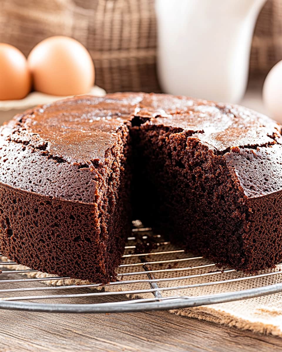 Grille avec gâteau au chocolat au Air Fryer, moelleux et bien gonflé. Une part est découpée, révélant une texture fondante.
