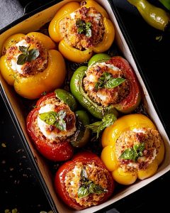 Plat de légumes farcis au Air Fryer, poivrons et tomates garnis avec fromage. Feuilles de basilic frais en décoration.
