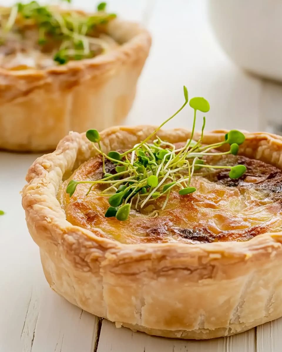 Assiette avec mini quiches apéritives au Air Fryer, pâte feuilletée dorée, garniture moelleuse et jeunes pousses vertes en décoration sur le dessus.