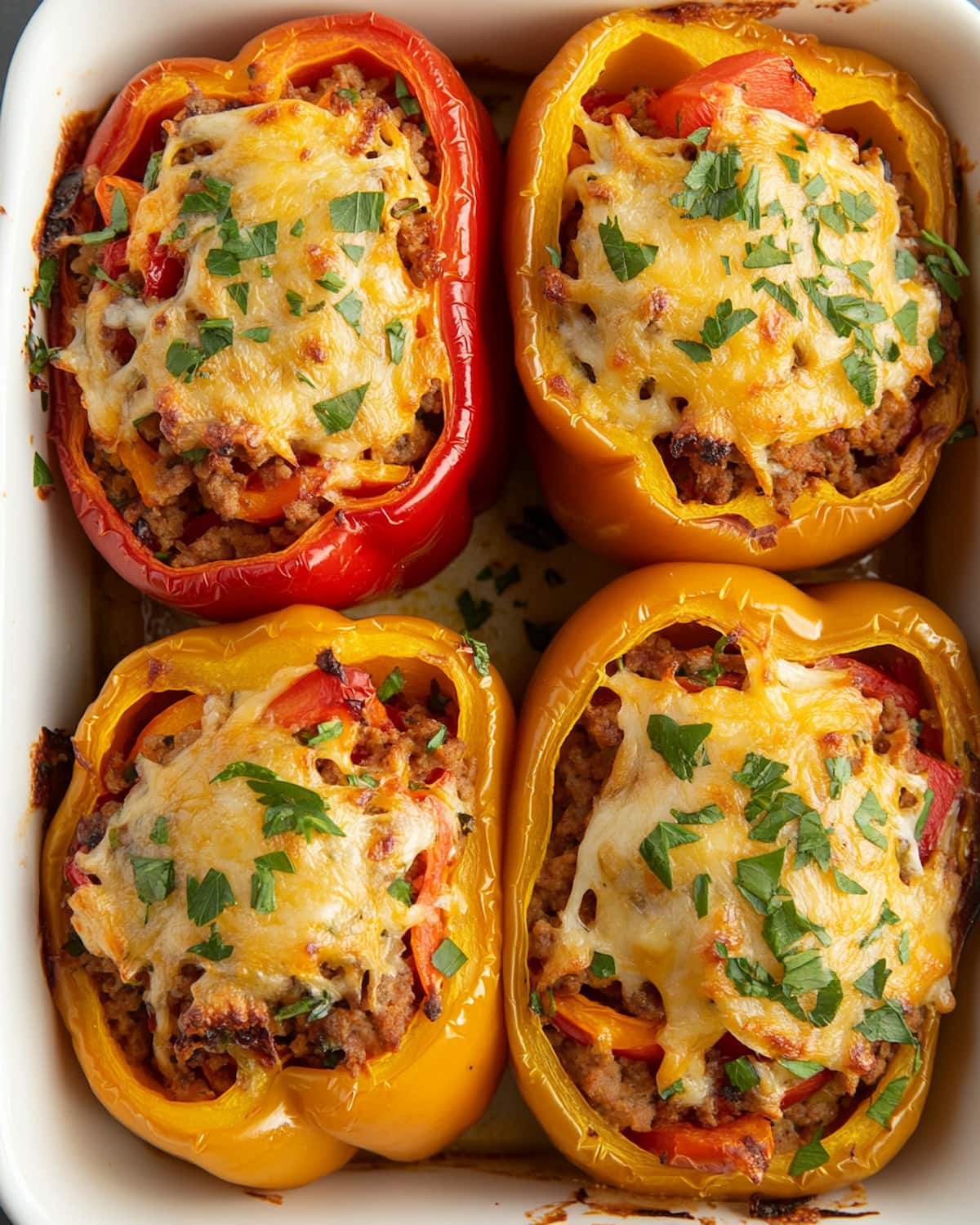 Plat de poivrons farcis au Air Fryer, garnis de viande, légumes et fromage gratiné. Persil frais haché sur le dessus, couleurs vives et appétissantes.