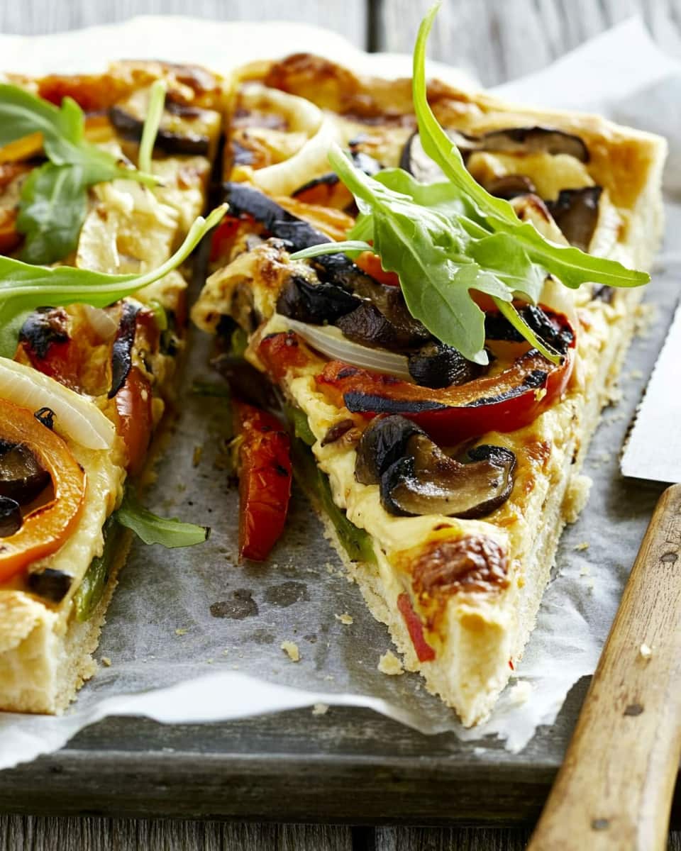 Quiche végétarienne au Air Fryer, pâte dorée garnie de légumes grillés : champignons, poivrons, oignons.