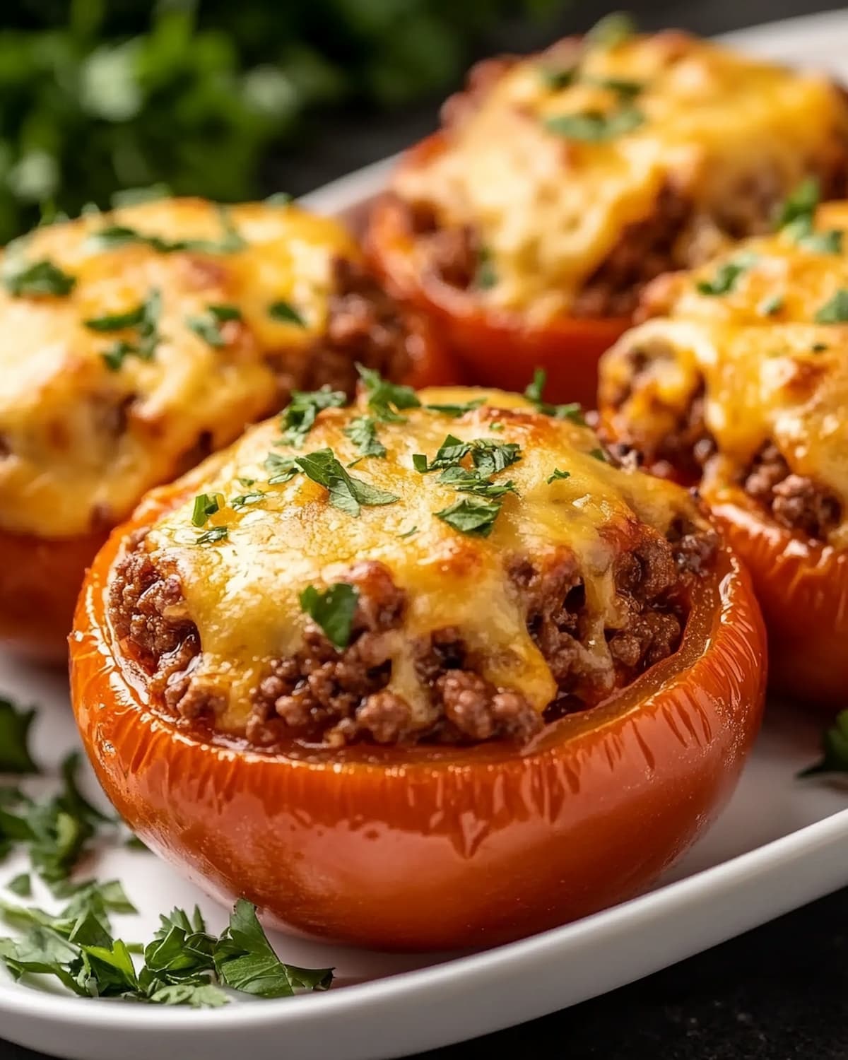 Assiette de tomates farcies au Air Fryer, garnies de viande hachée et fromage gratiné. Persil frais parsemé sur le dessus et autour du plat