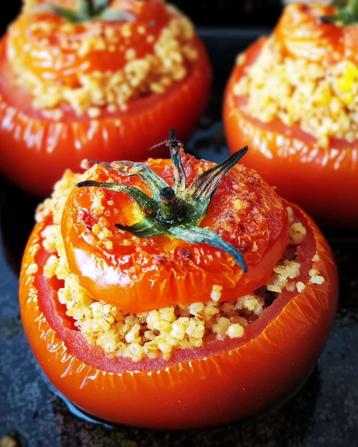 Plat de tomates farcies végétariennes au Air Fryer. Chapeaux rôtis sur le dessus, tiges vertes encore intactes