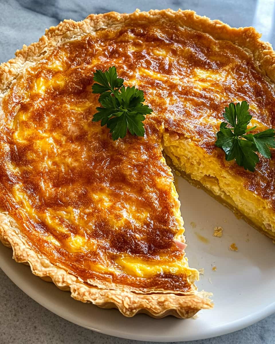 Assiette blanche avec quiche lorraine au Air Fryer, pâte dorée et garniture moelleuse aux œufs et lardons. Deux brins de persil frais en décoration.