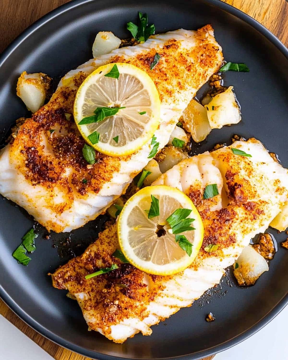 Assiette de filets de cabillaud au Air Fryer.