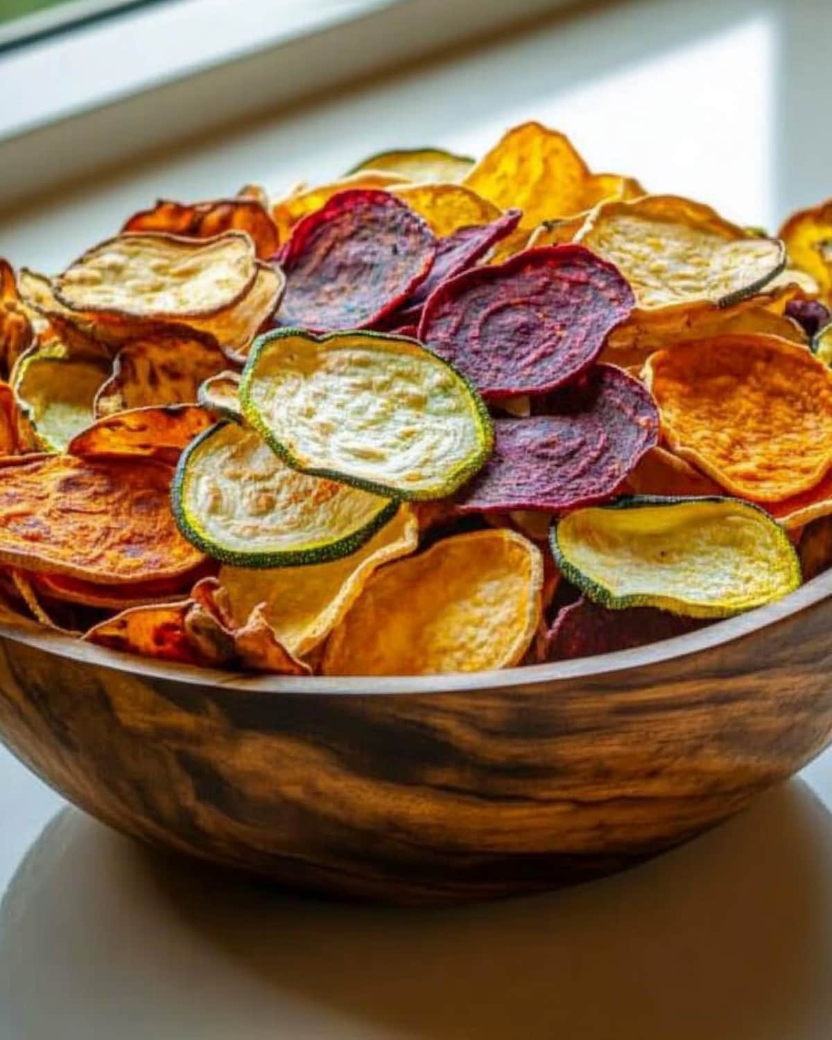 Bol de chips de légumes variés au Airfryer : courgettes, betteraves, carottes et patates douces.