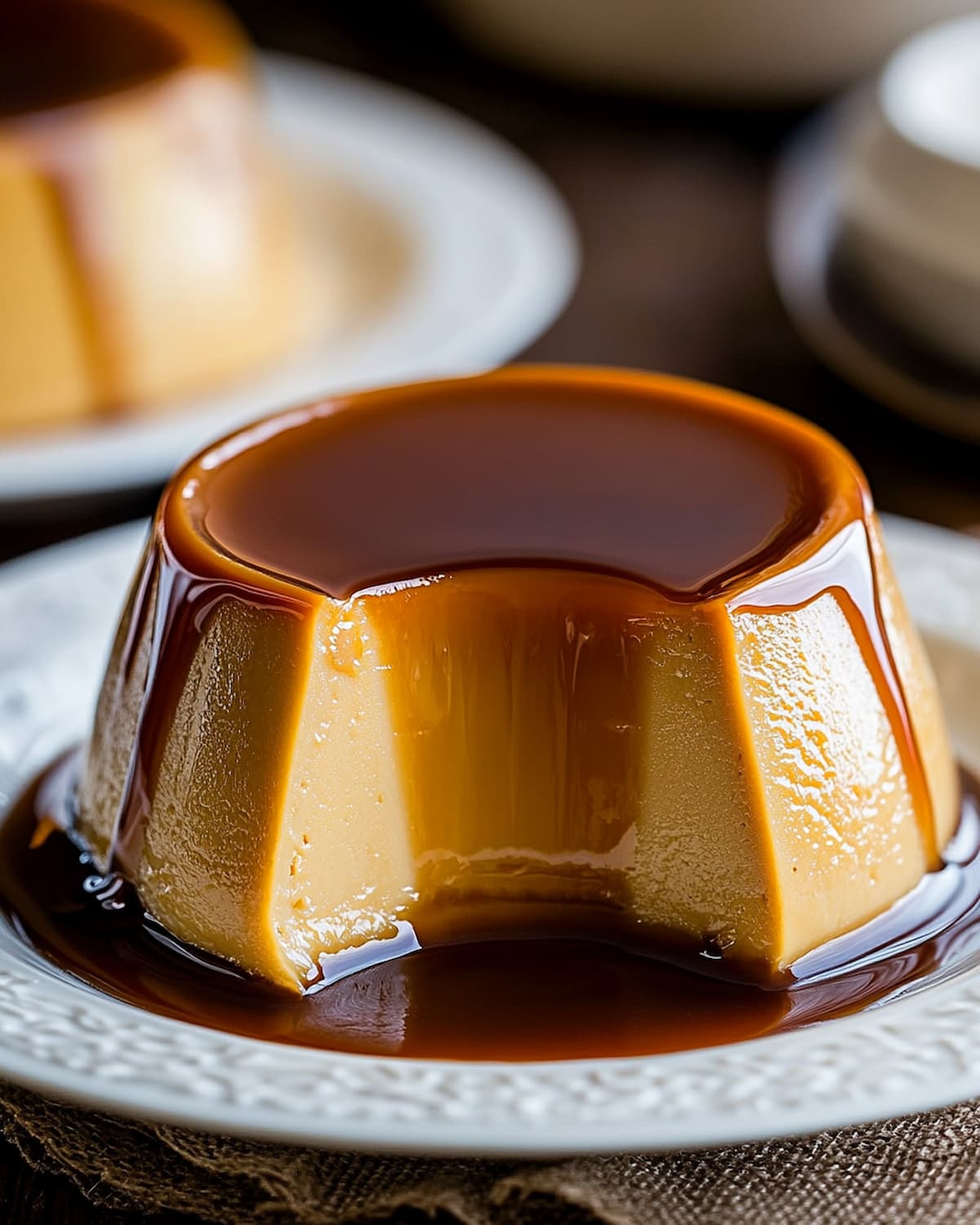 Assiette blanche avec un flan au caramel au Air Fryer, nappé d’un caramel brillant.