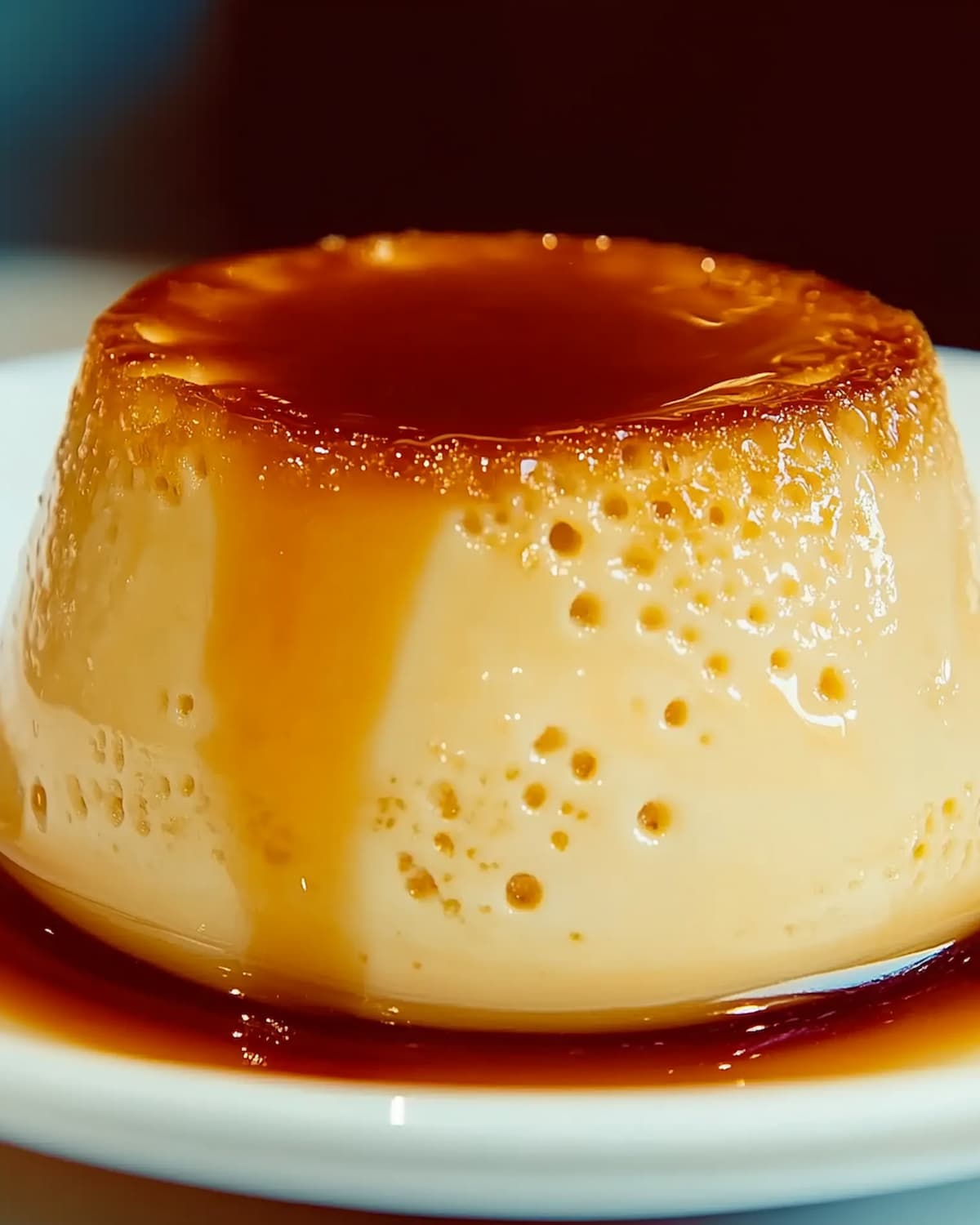 Assiette avec un flan aux œufs au Air Fryer, nappé de caramel doré. Le flan est lisse, brillant, avec quelques bulles sur les côtés.