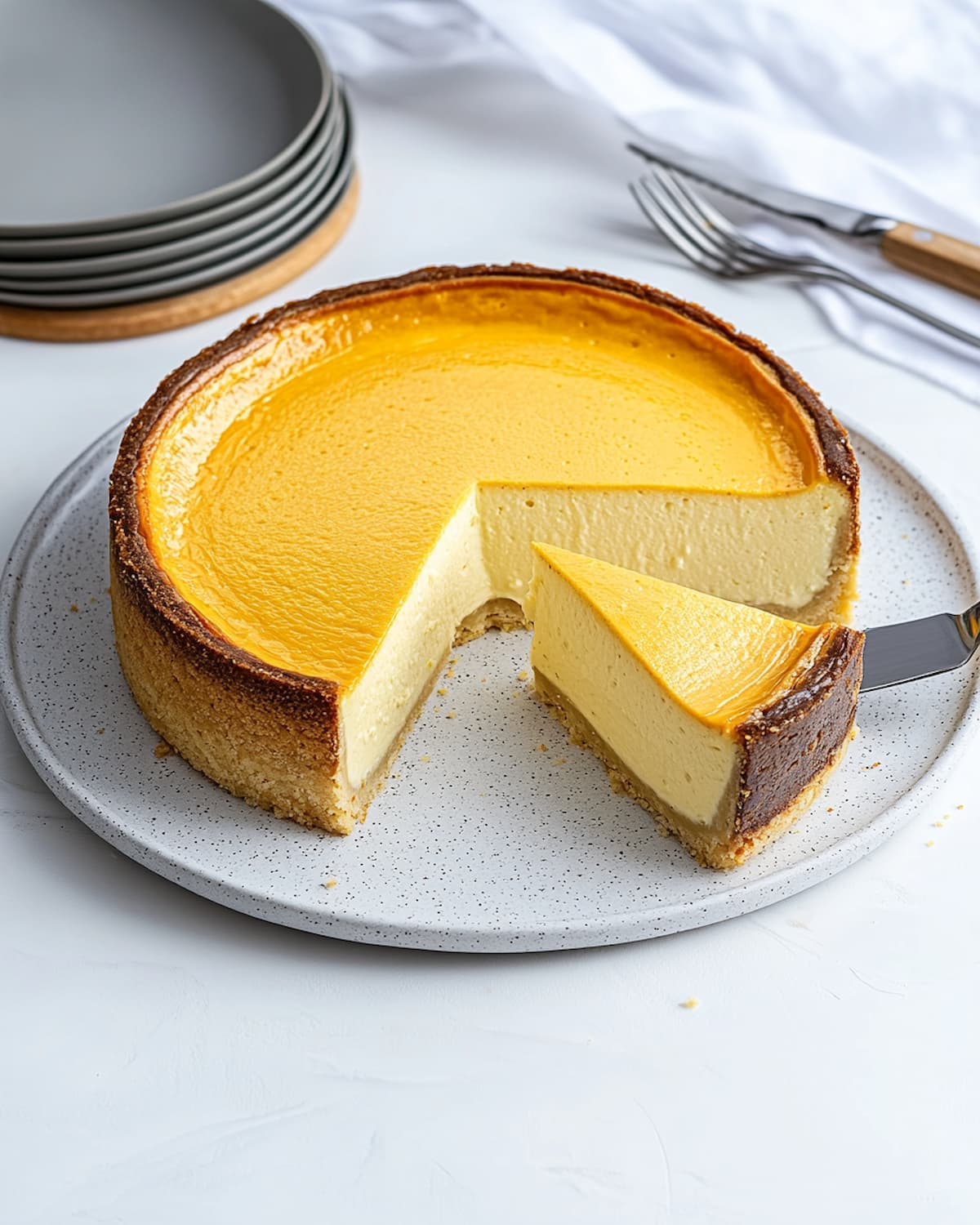 Assiette avec un flan à la vanille au Air Fryer, texture lisse et brillante, bord légèrement doré, une part découpée laisse voir l’intérieur crémeux.