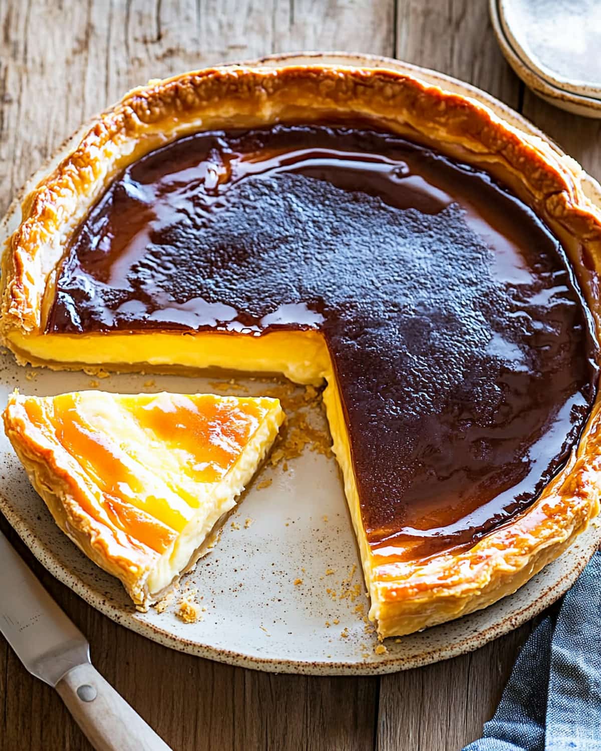 Assiette avec un flan pâtissier au Air Fryer, croûte dorée, surface caramélisée brillante, une part découpée révèle une texture crémeuse