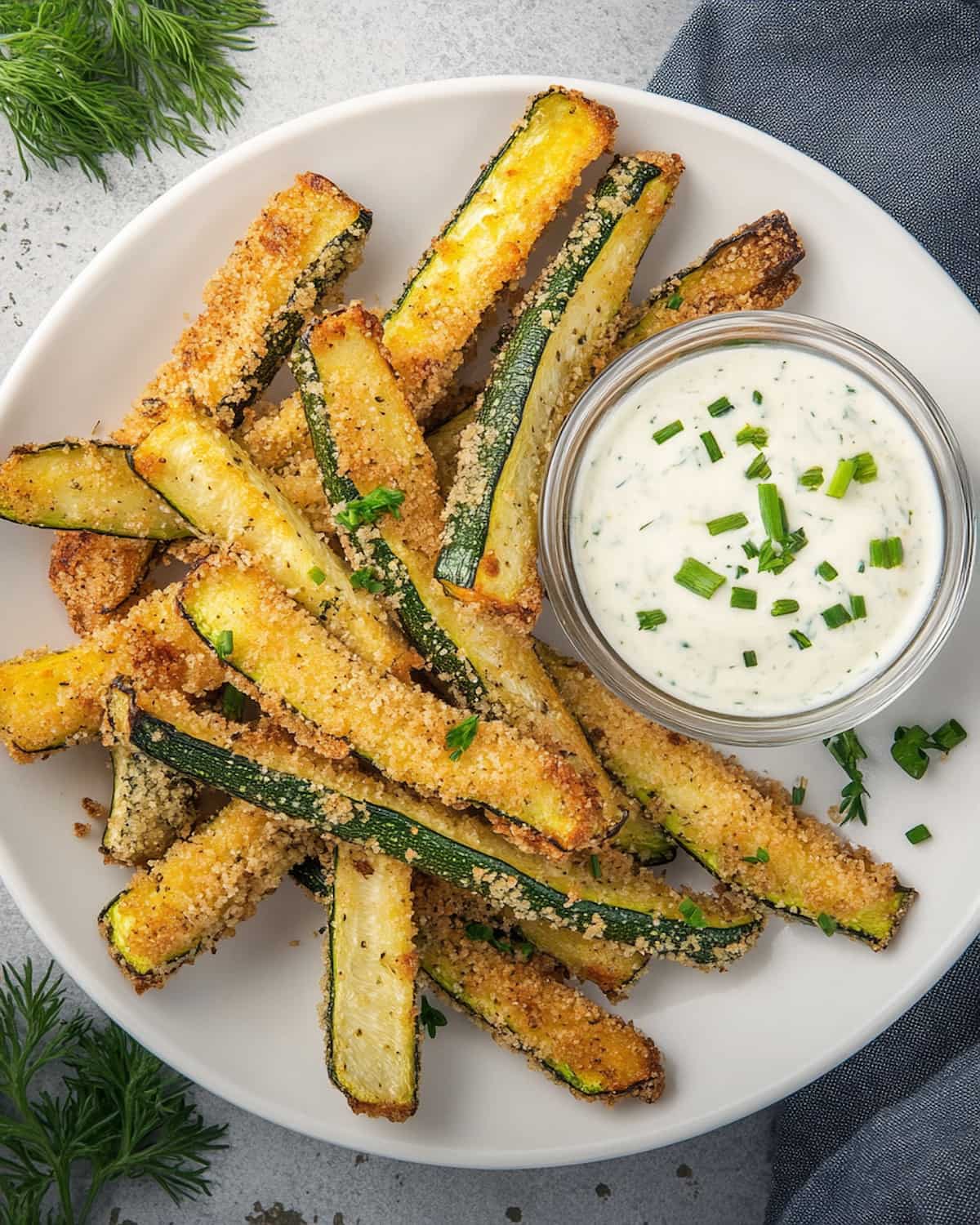 Assiette garnie de frites de courgettes Air Fryer croustillantes.