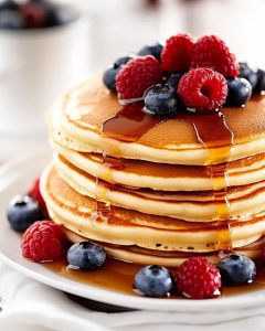 Pancakes moelleux au Air Fryer, nappés de sirop d’érable et garnis de framboises et myrtilles fraîches