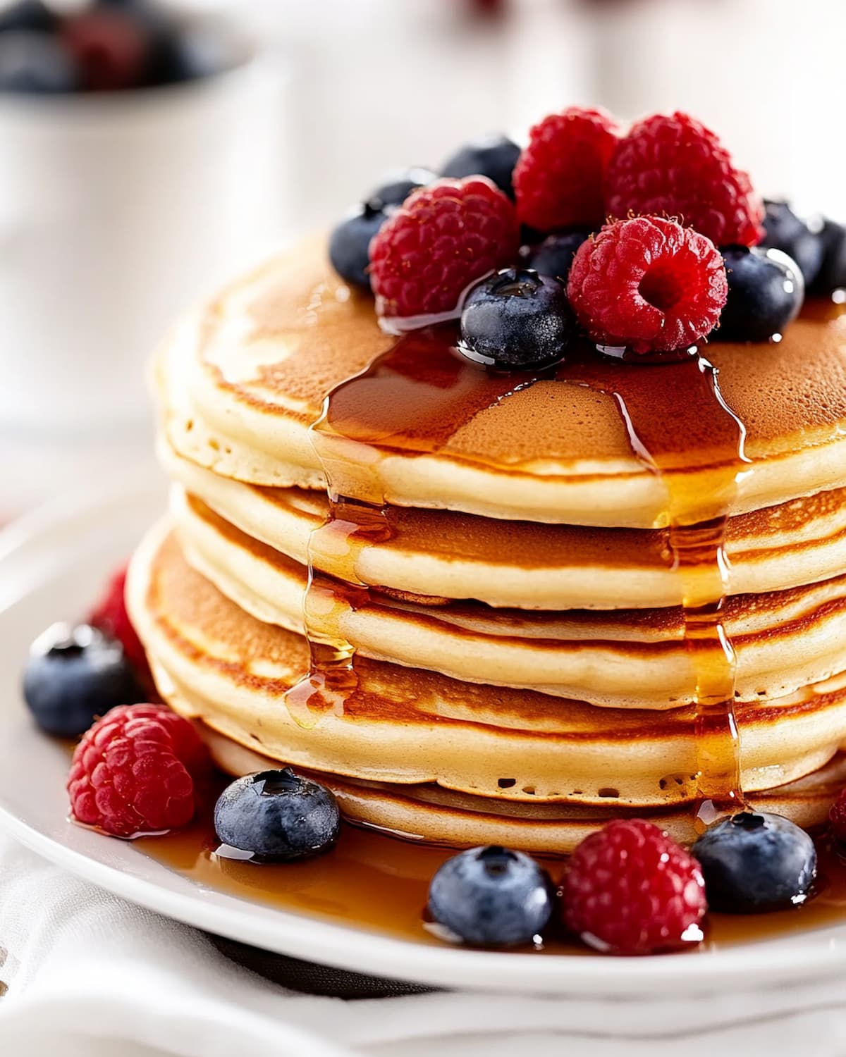 Pancakes moelleux au Air Fryer, nappés de sirop d’érable et garnis de framboises et myrtilles fraîches