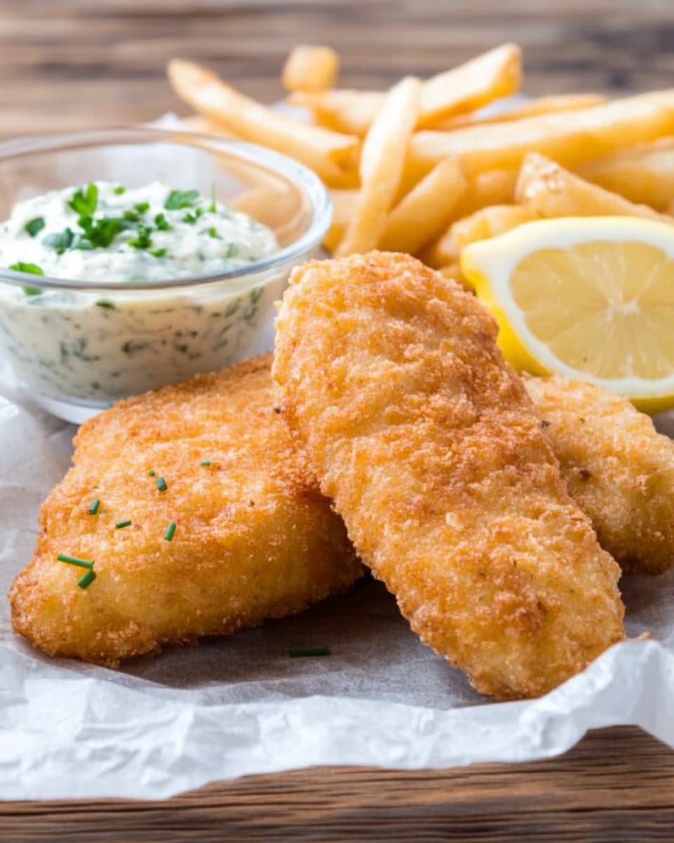 Assiette avec poisson pané au Air Fryer, croustillant et doré. Servi avec frites, rondelle de citron et sauce tartare aux herbes fraîches.
