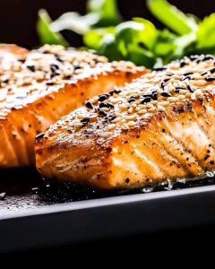 Filets de saumon au Air Fryer dorés à souhait, saupoudrés de graines de sésame. La peau est croustillante, la chair juteuse.