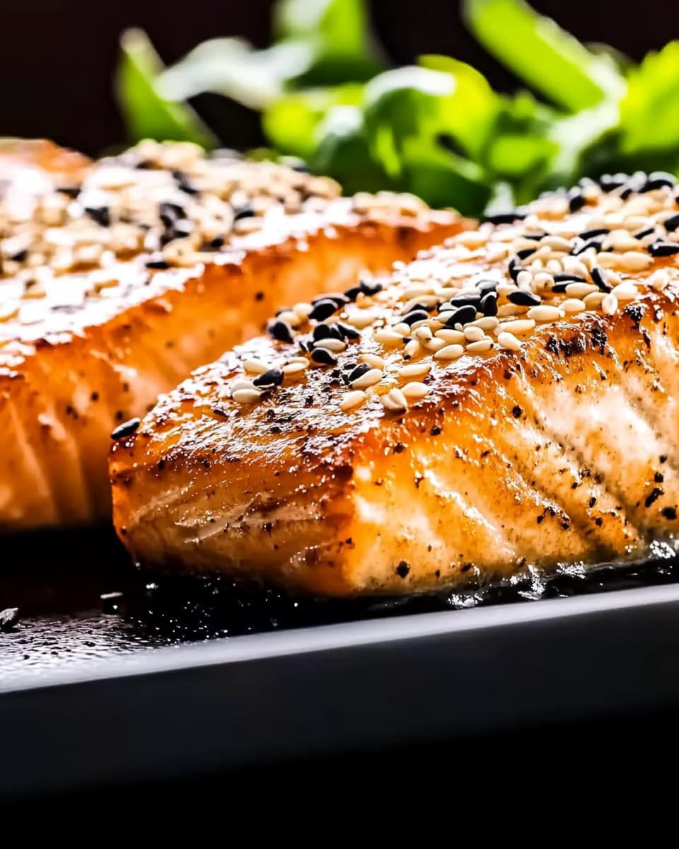 Filets de saumon au Air Fryer dorés à souhait, saupoudrés de graines de sésame. La peau est croustillante, la chair juteuse.