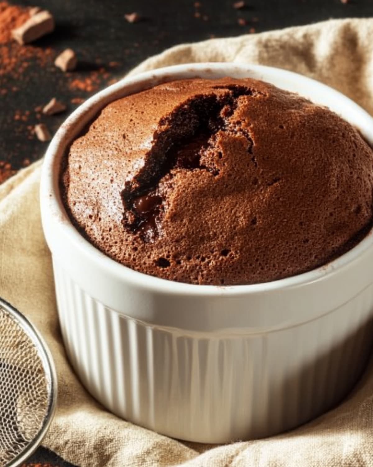 Soufflé au chocolat au Air Fryer bien gonflé, dans un ramequin, avec dessus croustillant et cœur moelleux. Dessert maison individuel facile.