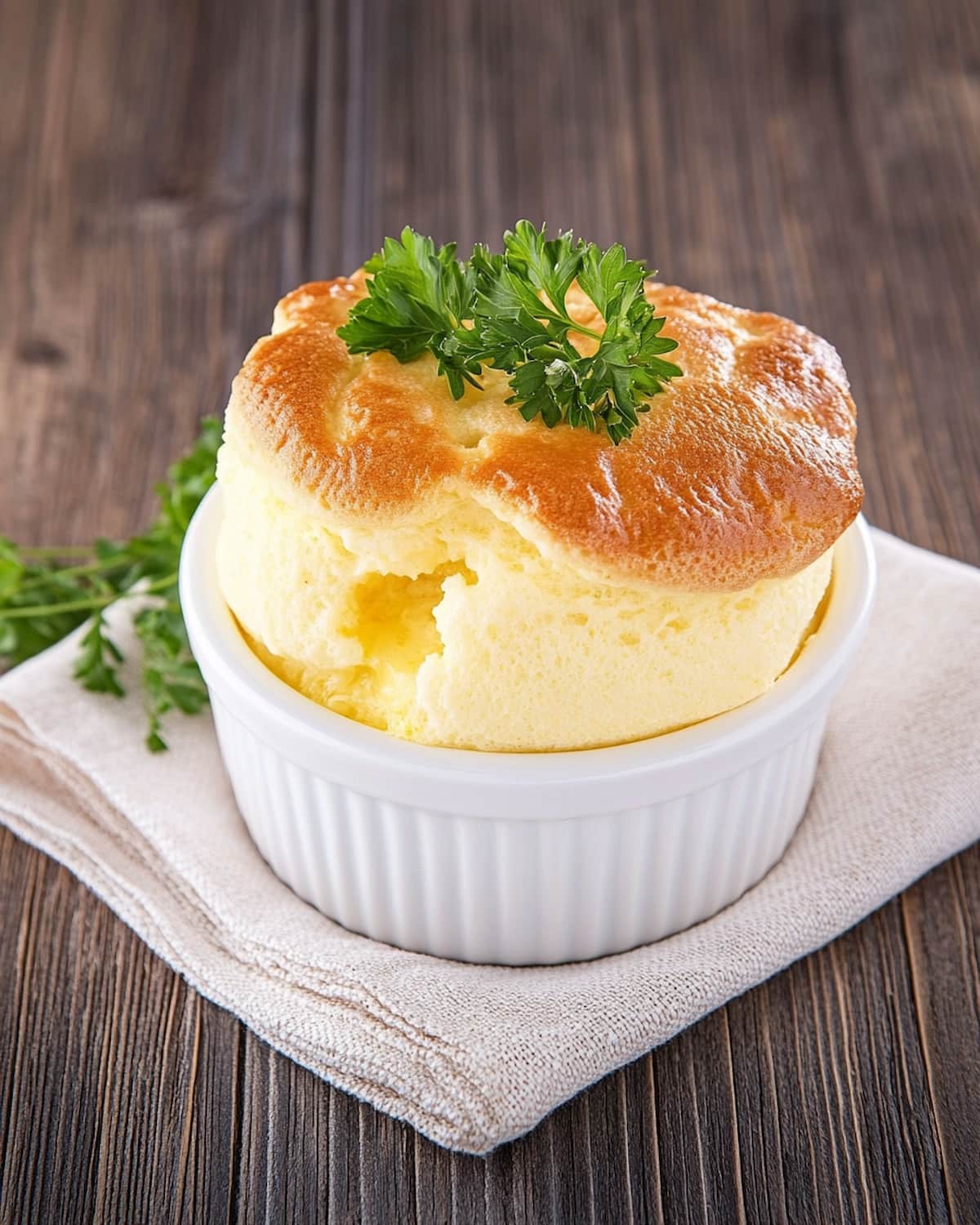 Ramequin avec un soufflé au fromage au Air Fryer, doré et gonflé, décoré de persil frais.