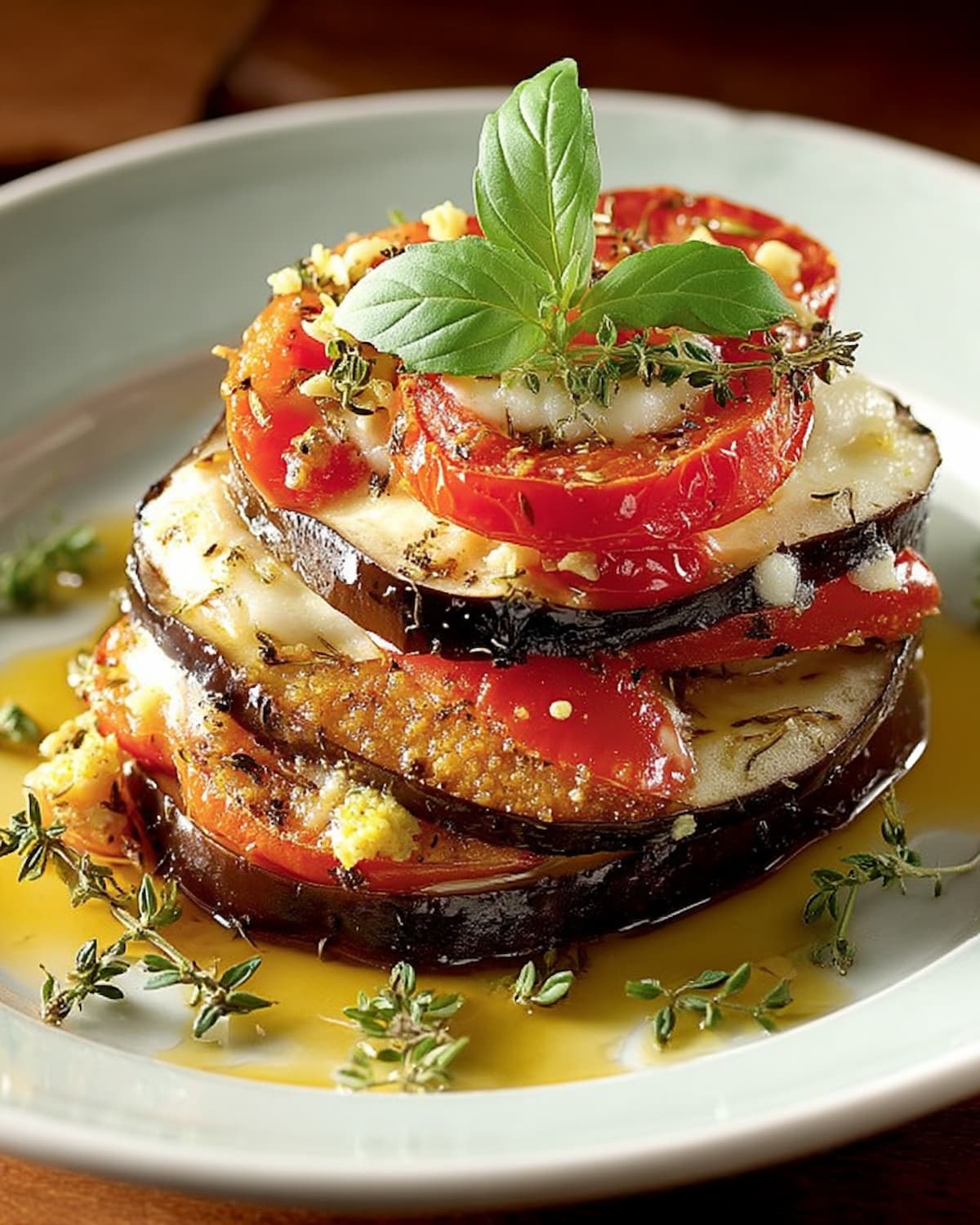 Assiette d'aubergine à la Provençale au Air Fryer, en tranches superposées avec tomate, fromage et herbes.