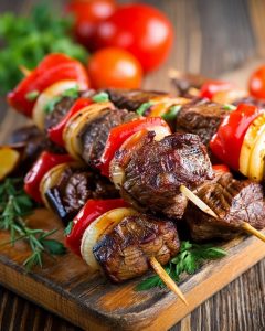 Planche en bois avec des brochettes de bœuf au Air Fryer.