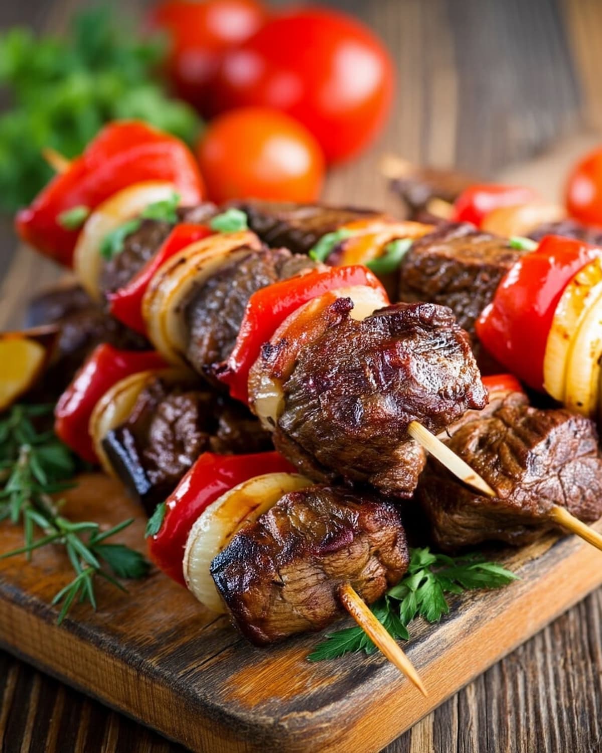 Planche en bois avec des brochettes de bœuf au Air Fryer.