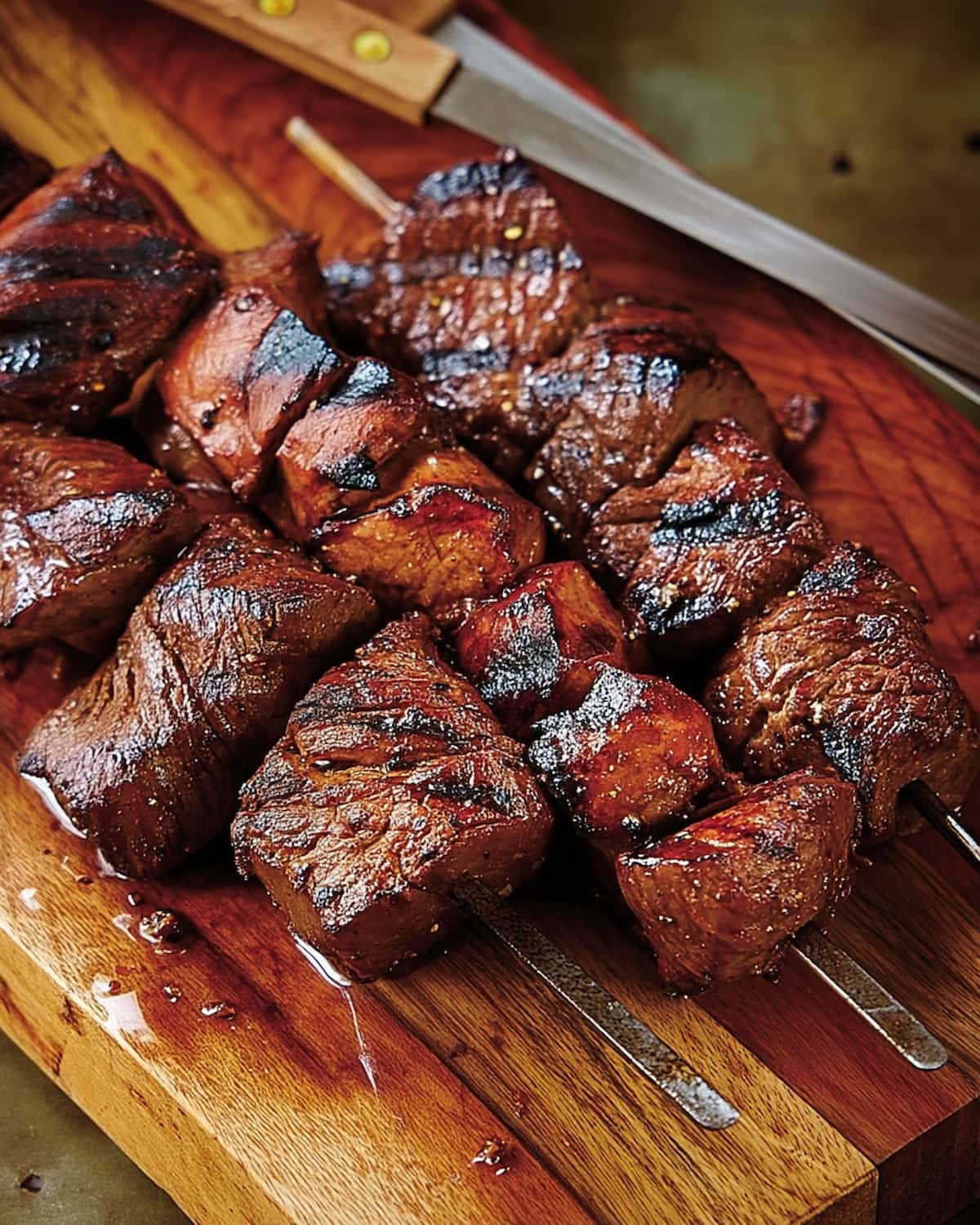 Brochettes de bœuf marinées au Air Fryer, bien grillées, servies sur une planche en bois.