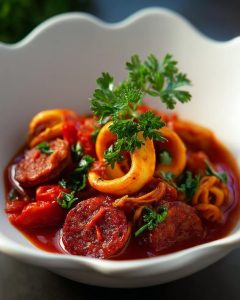 Assiette de calamar à la provençale au Air Fryer. Sauce rouge aux tomates, avec persil frais en garniture.