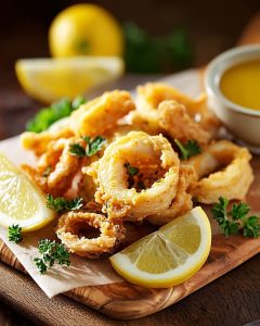 Calamar au Air Fryer croustillant, servi avec quartiers de citron et persil frais.