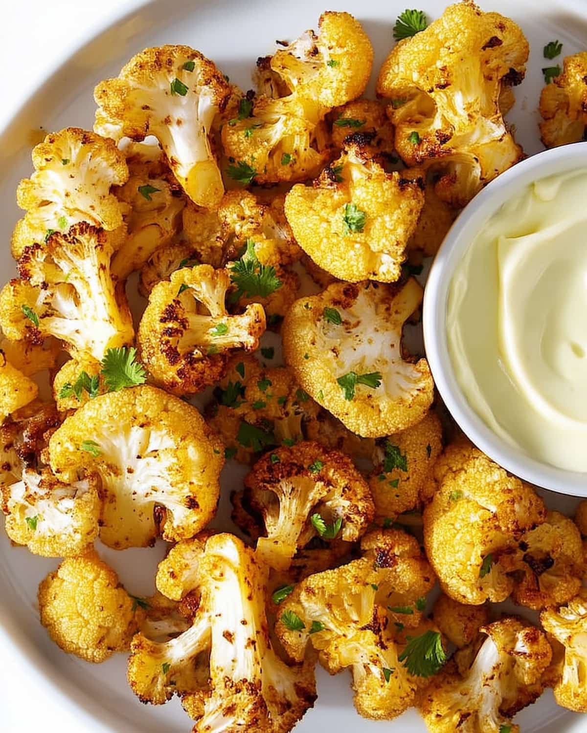 Assiette de chou fleur au Air Fryer rôti, doré et croustillant, parsemé de persil frais, servi avec une sauce crémeuse dans un petit bol.