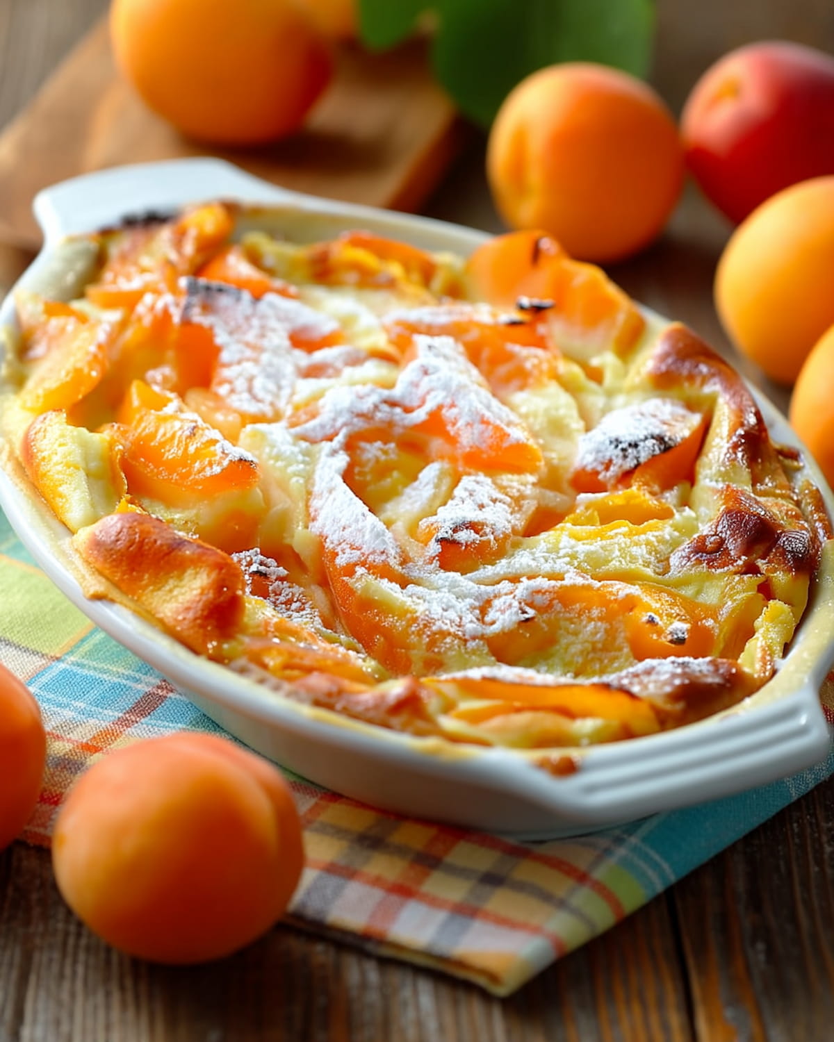 Plat avec un clafoutis abricots au Air Fryer. Les fruits sont dorés, fondants, et recouverts de sucre glace.
