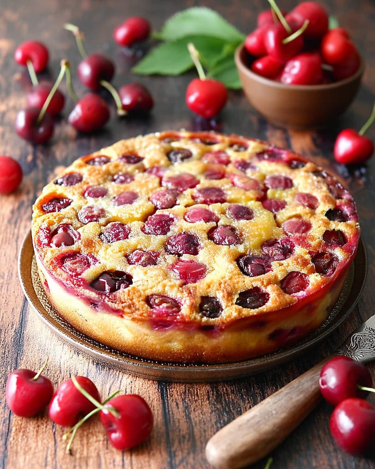 Clafoutis au Air Fryer aux cerises, bien doré et moelleux.