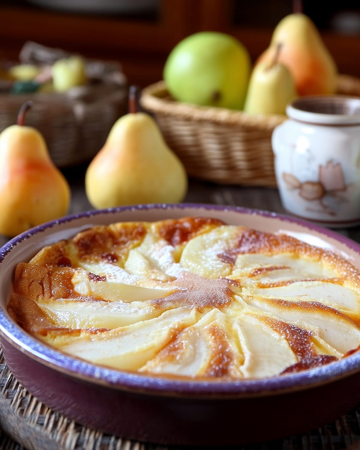 Clafoutis poires au Air Fryer servi dans un plat violet.