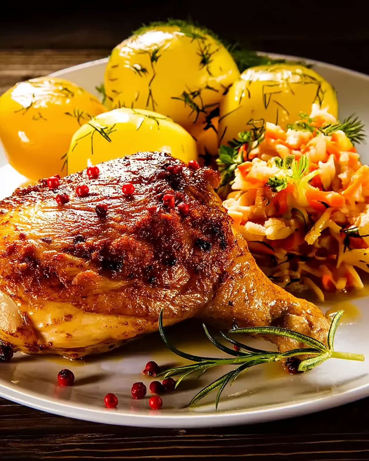 Assiette avec une cuisse de dinde au Air Fryer dorée, servie avec des pommes de terre à l’aneth et une salade de légumes râpés colorée.