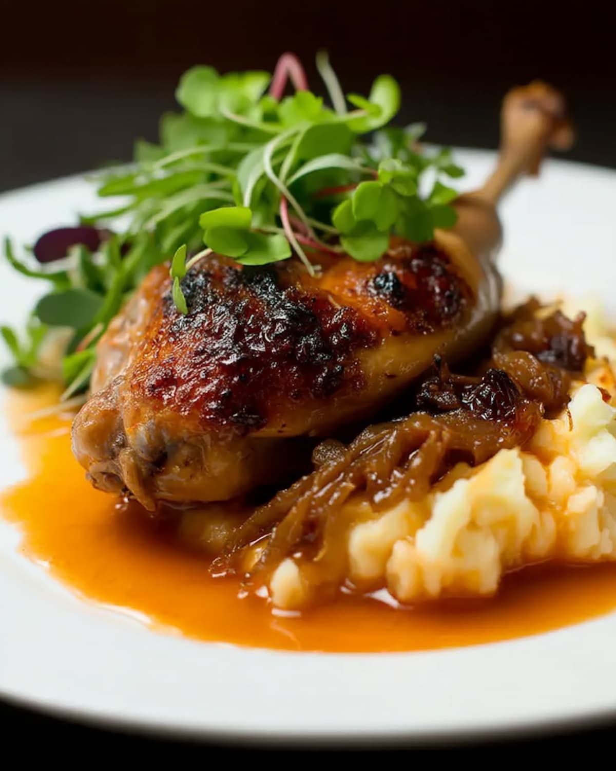 Assiette avec cuisses de lapin au Air Fryer, nappées de sauce brune, posées sur une purée crémeuse et garnies de jeunes pousses fraîches.