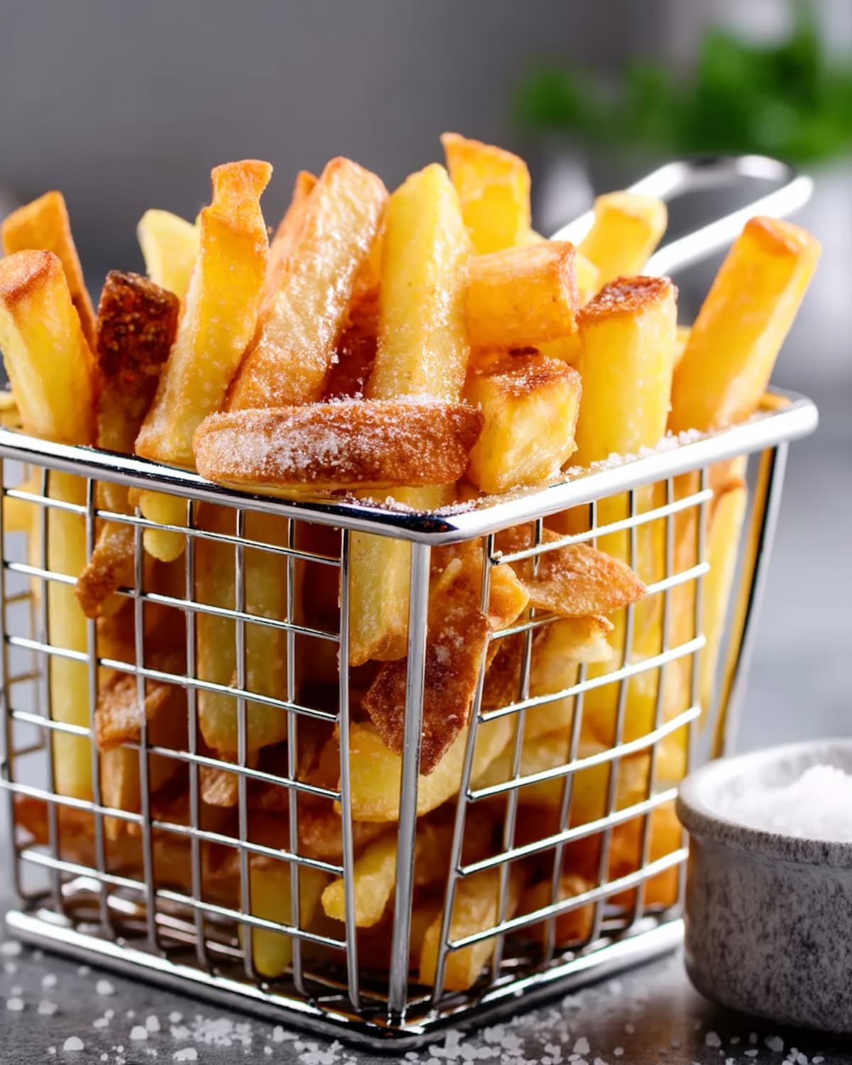 Panier de frites surgelées au Air Fryer, bien dorées et croustillantes.