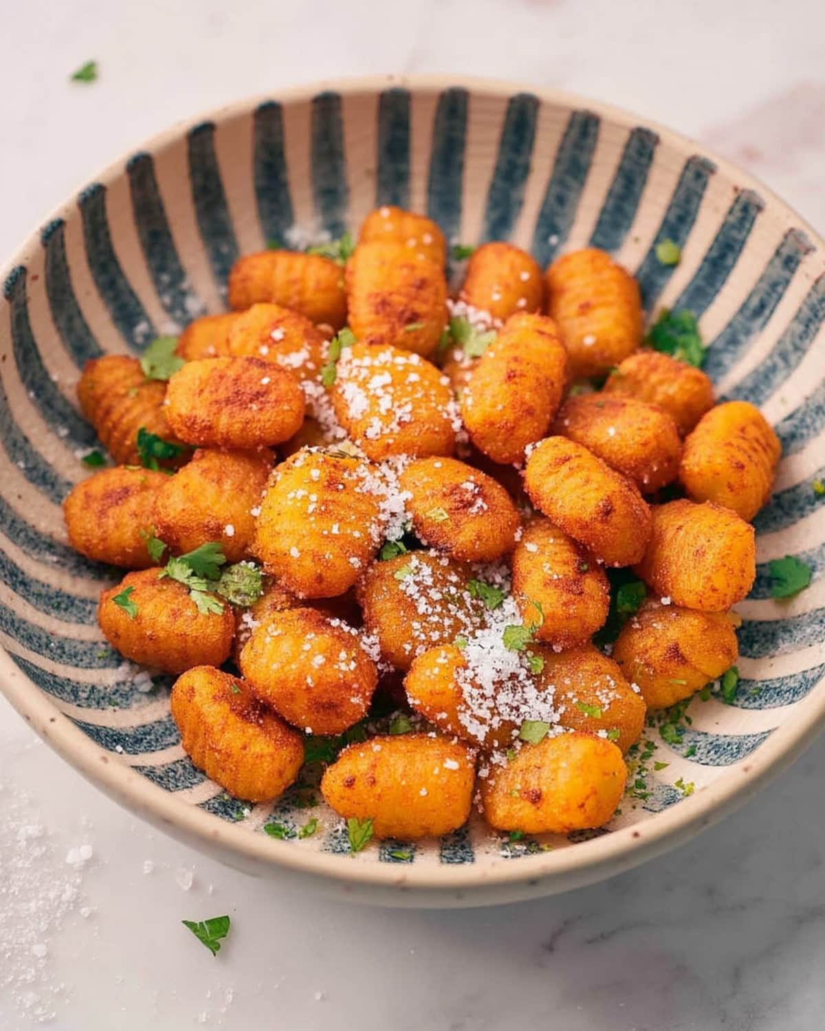Bol de gnocchi au Air Fryer croustillants. Saupoudrés de parmesan râpé et de persil frais.