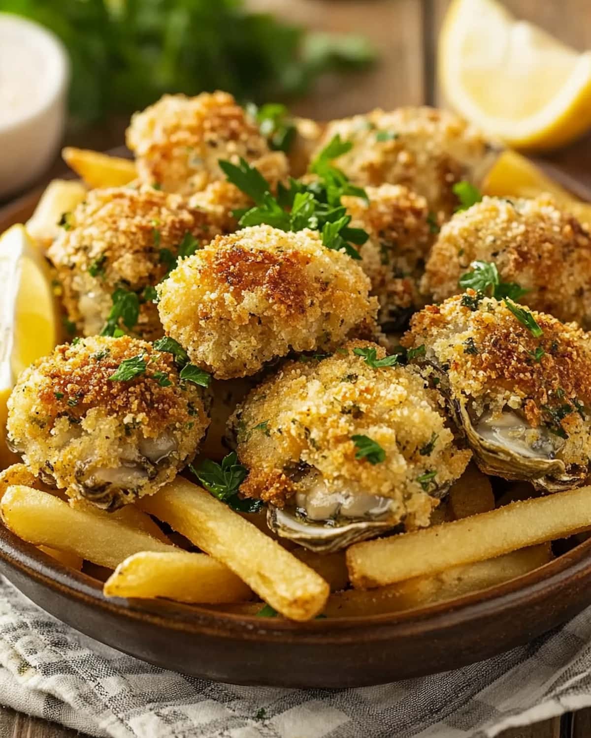 Assiette rustique garnie de huîtres frites au Airfryer, croustillantes et dorées.