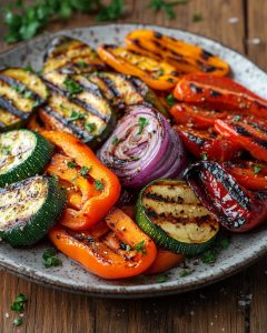 Assiette de légumes grillés au Air Fryer : courgettes, poivrons rouges et orange, oignon rouge.