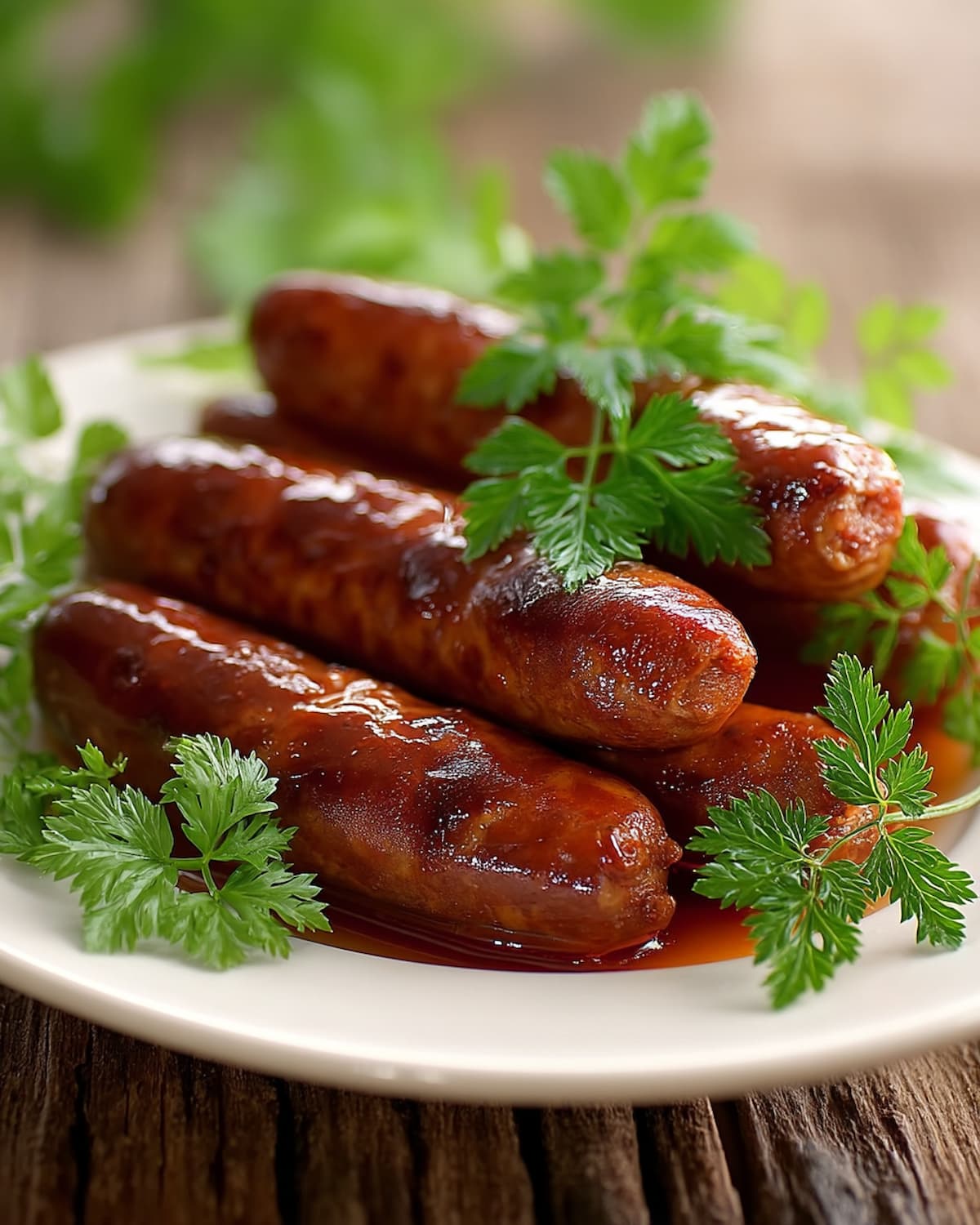 Assiette de merguez au Air Fryer, bien dorées et nappées de jus.