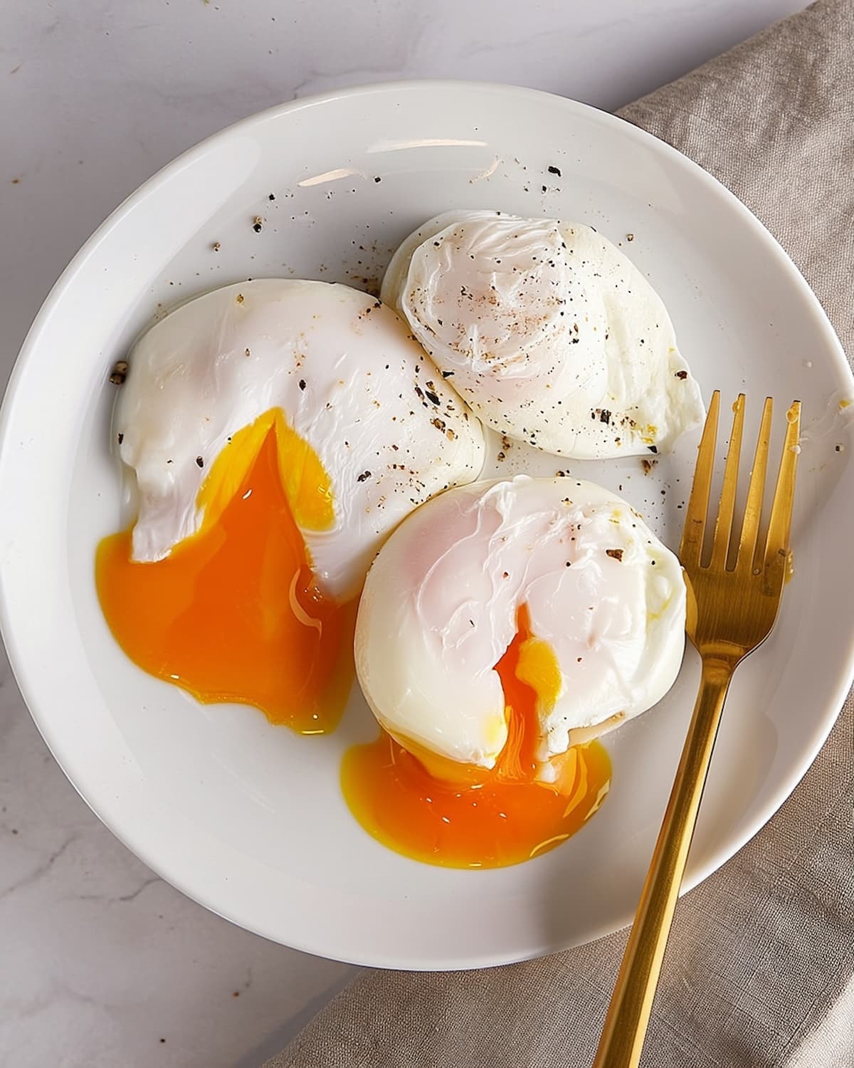 Trois œufs pochés au Air Fryer. Le jaune est bien coulant.