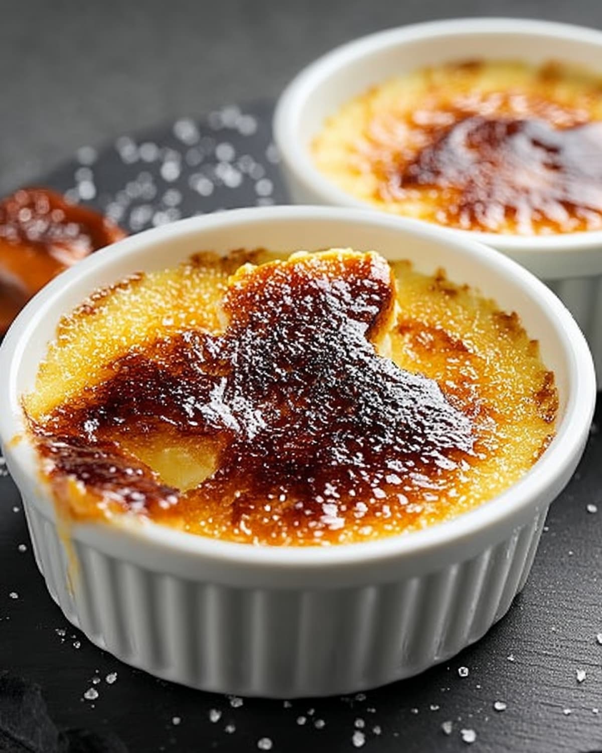 Ramequins d’œufs au lait au Air Fryer, avec une croûte caramélisée brillante et dorée.