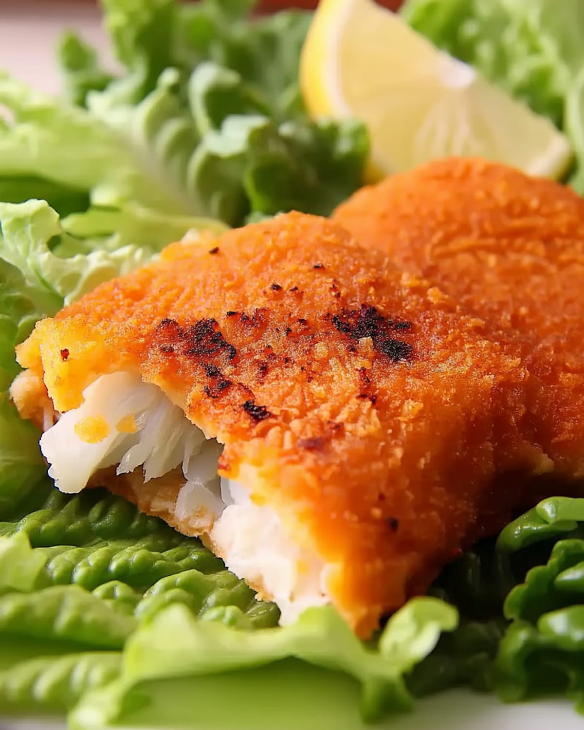 Filet de poisson pané surgelé au Air Fryer, croustillant et doré, servi sur un lit de laitue.